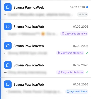Panel z rozmowami chatbota — zapytania ofertowe i pytania klientów