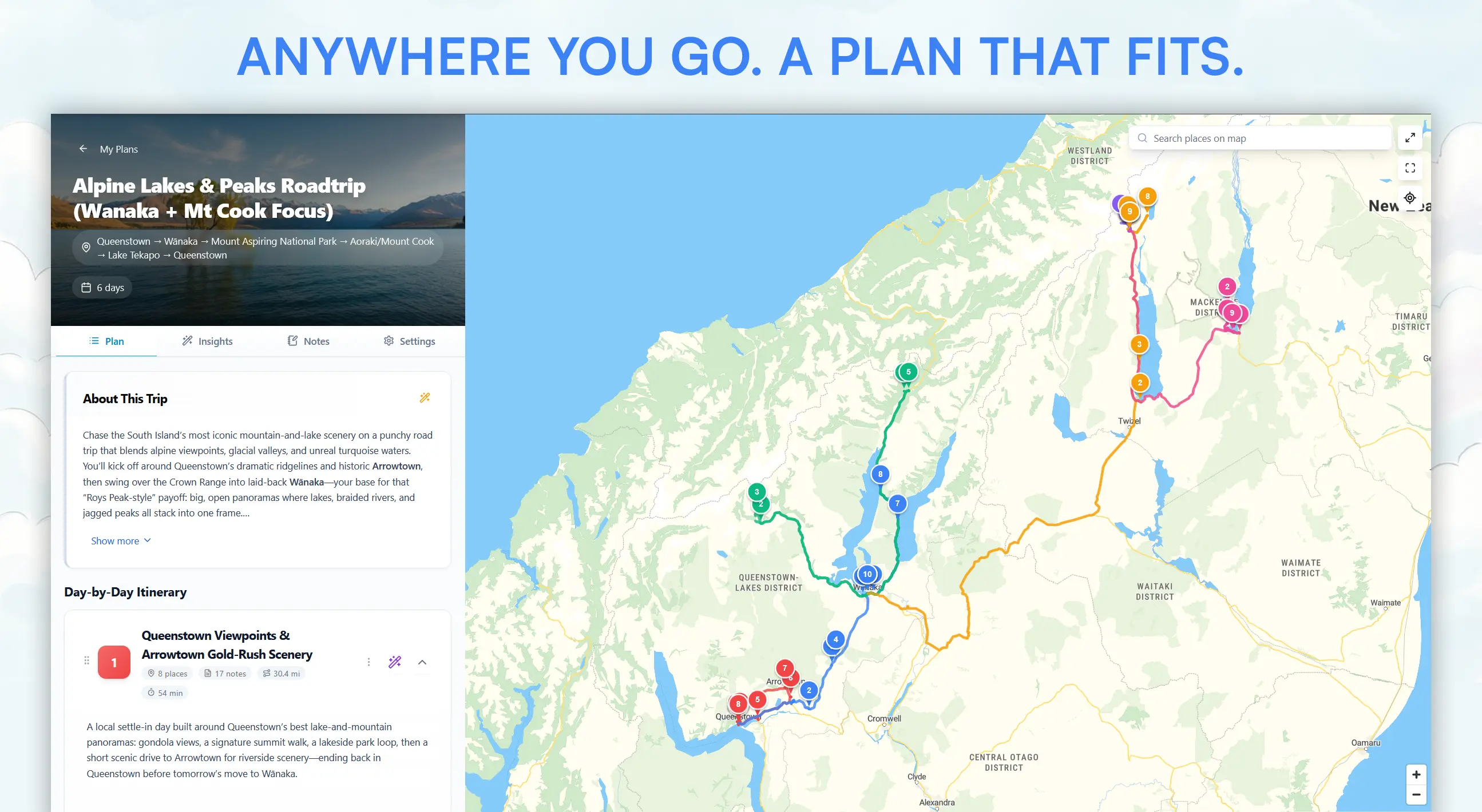 Interaktywna mapa z zaplanowaną trasą podróży po Nowej Zelandii w aplikacji Itinova.io