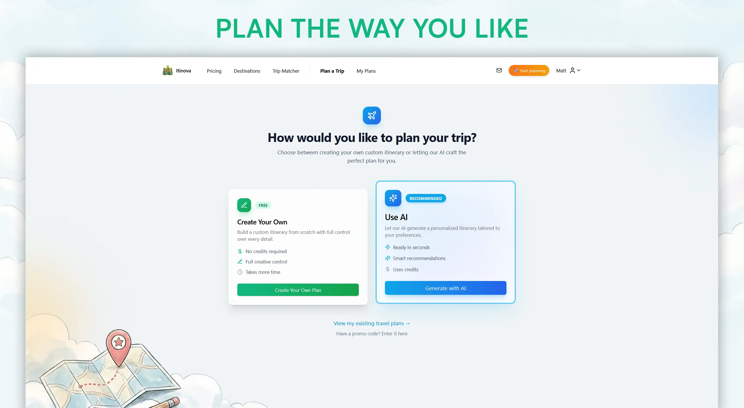 Ekran wyboru trybu planowania w Itinova.io — samodzielnie lub z pomocą AI