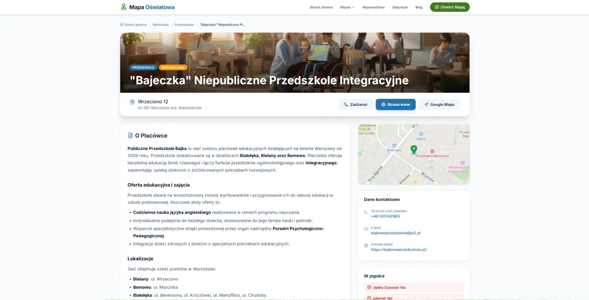 Profil placówki edukacyjnej z danymi kontaktowymi i szczegółami